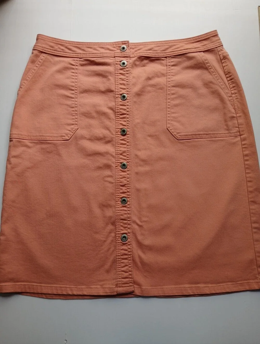Liz Claiborne Women's Front Button Pencil Denim Skirt, Coral Haze, Size 16